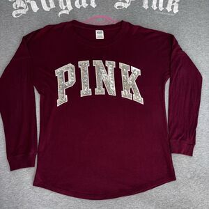 Victoria’s Secret PINK Maroon Burgundy Silver Sequin Bling Long Sleeve Tee Small
